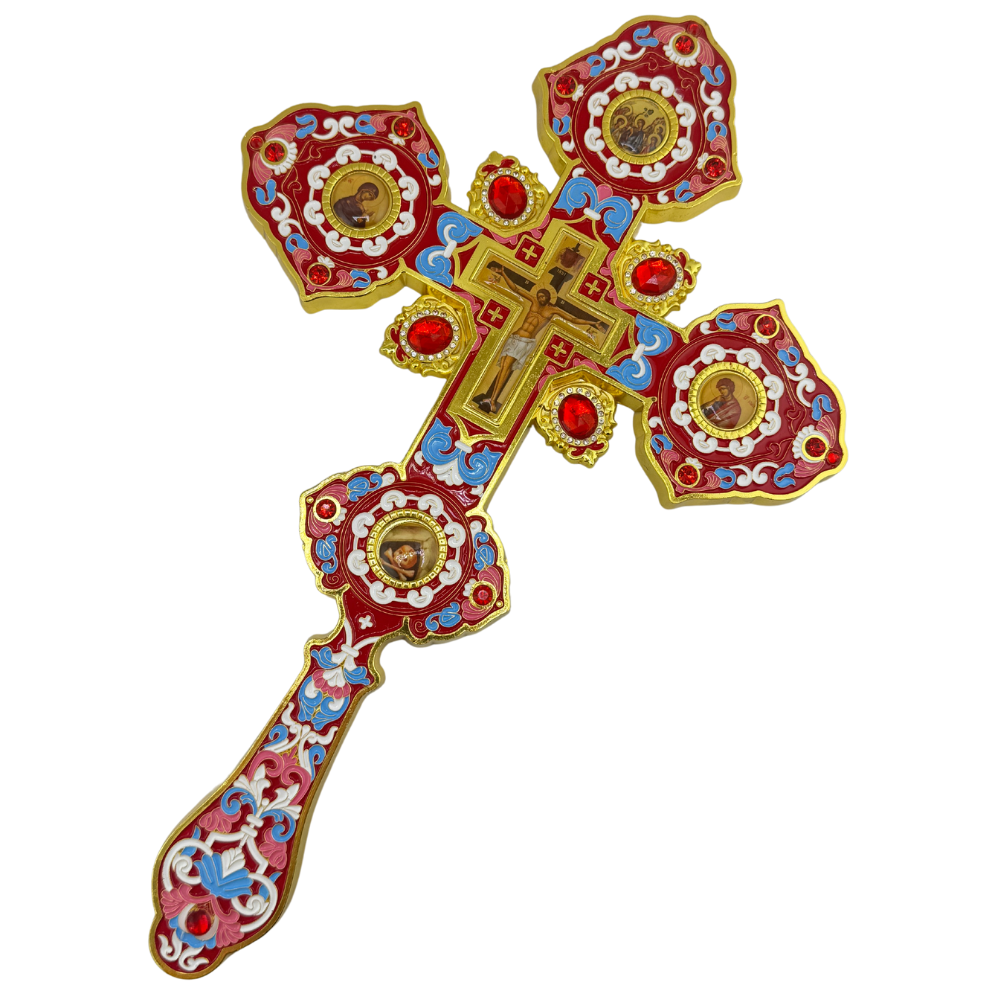 Orthodox Altar Cross In Gilding With Colored Enamel (Stand Optional) Orthodox Altar Cross In Gilding With Colored Enamel (Stand Optional)
